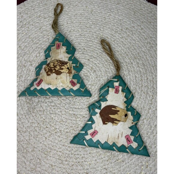 Set Of Two Hand Made Birchbark Ornaments Lodge Style 4” - Picture 1 of 5